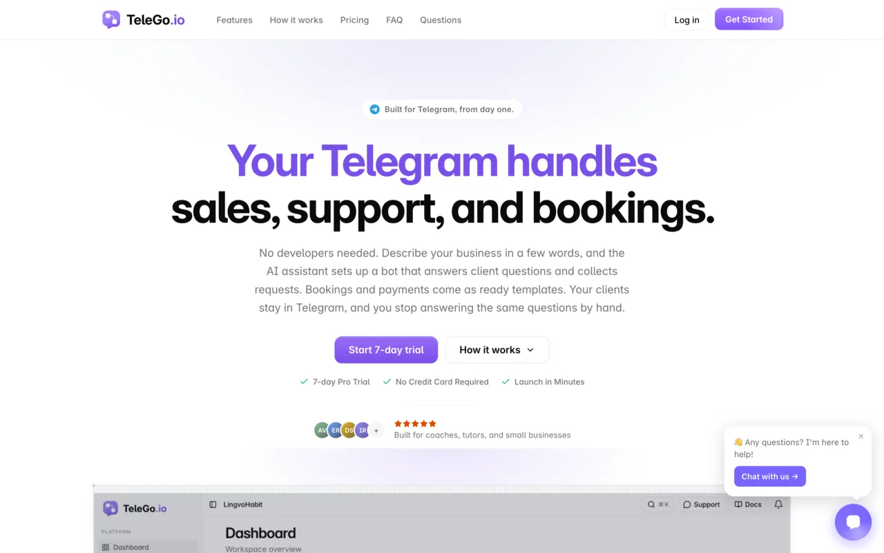TeleGo home page: a Telegram bot builder for sales, support and bookings